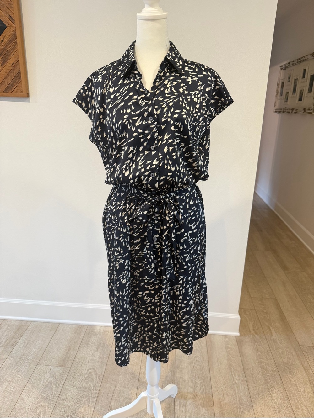 Liverpool Black Midi Shirt Dress with Cream Abstract Print and Tie